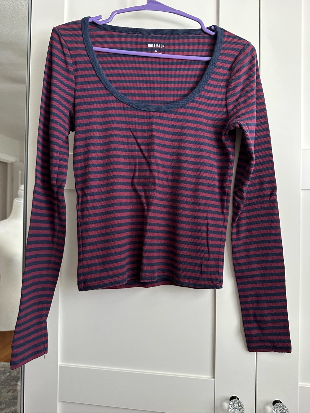 Hollister Burgundy and Navy Striped Long-Sleeve Scoop Neck Top